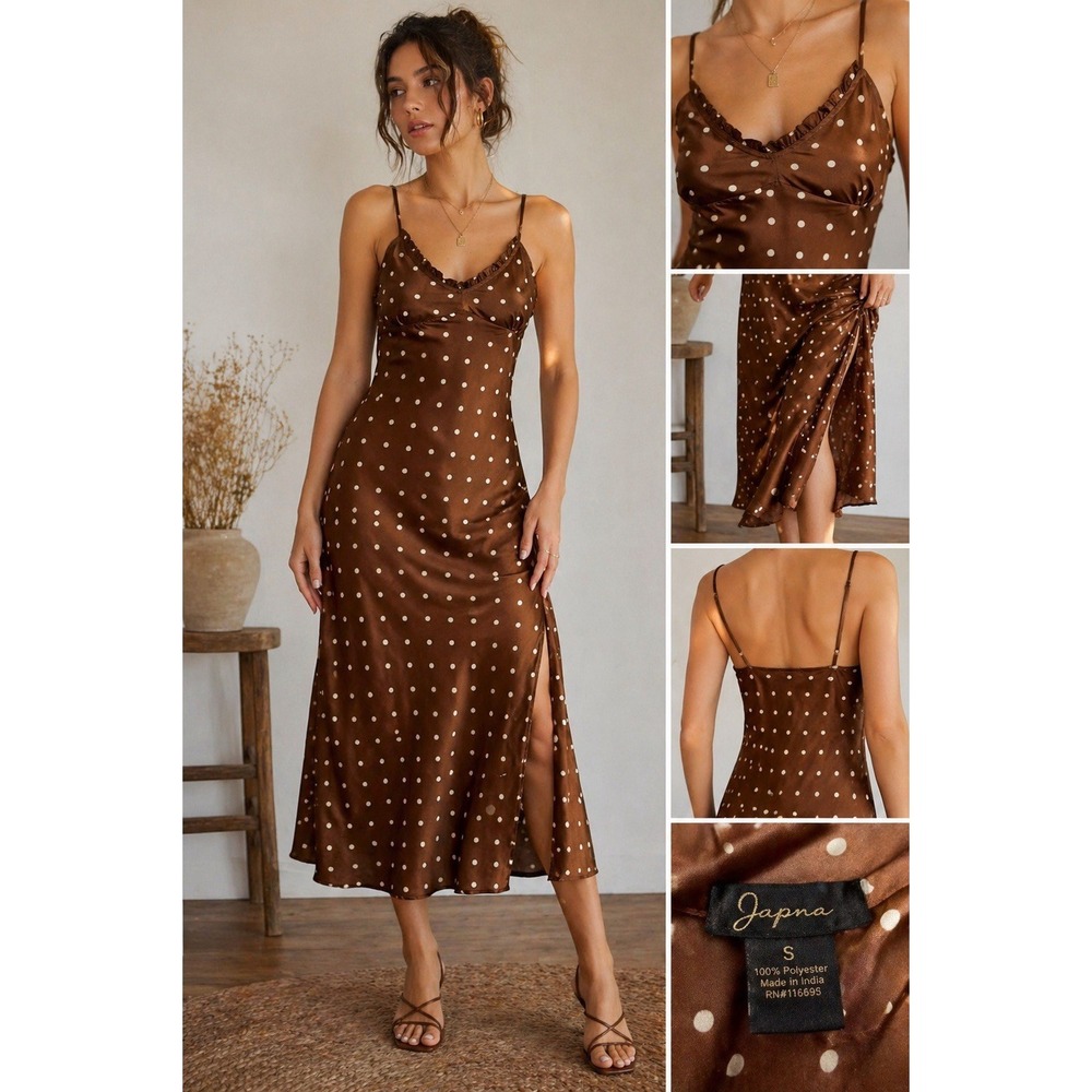 Vintage Japna Y2K Brown Polka Dot Slip Dress Satin Midi S Babydoll Grunge Forest - Picture 2 of 12